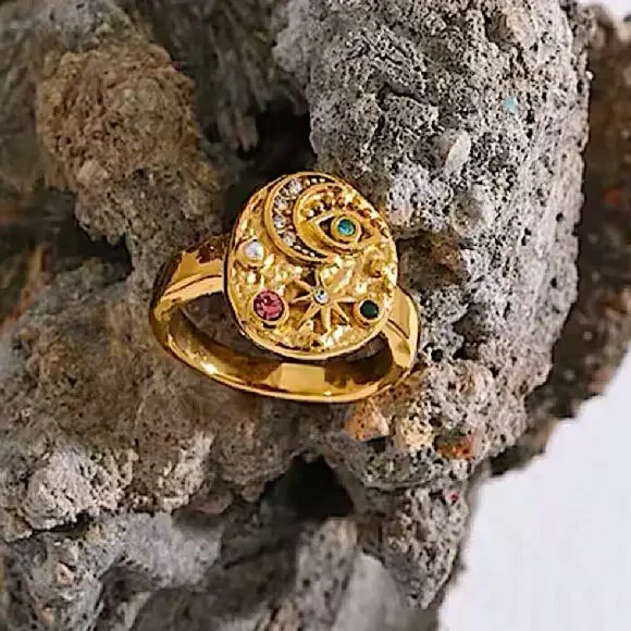Gold Zircon Evil Eye Star Moon Ring Stainless Steel Gold Plated Bojo - Picture 4 of 6